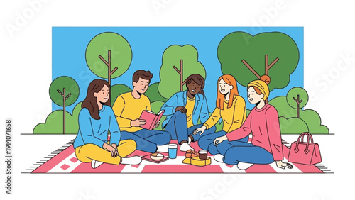 diverse young people enjoying a sunny park picnic sharing food and conversation on a blanket representing friendship relaxation and outdoor leisure