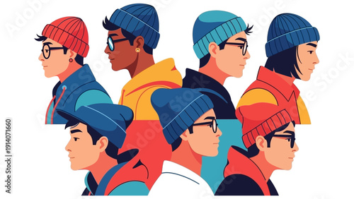 diverse young people in beanies and glasses profile view embodying modern urban style individuality and community.