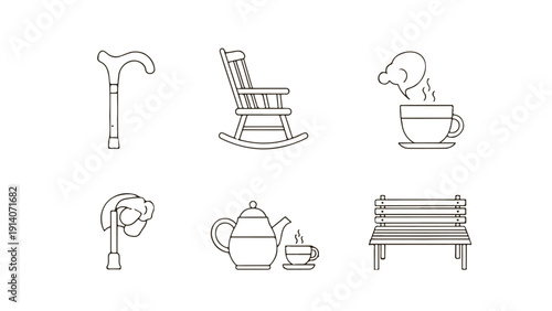 elderly care senior living line icons cane rocking chair teapot park bench. symbolizing comfort old age retirement.