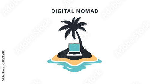 Digital nomad laptop on island getaway.