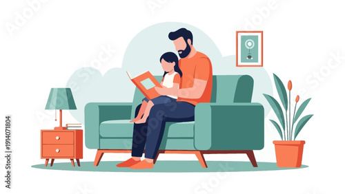father and daughter reading a book on a cozy sofa illustrating family bonding childhood education and domestic life.