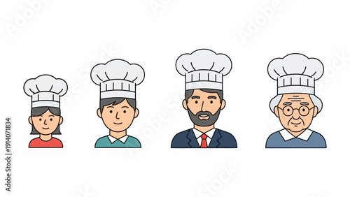 flat design cartoon of four chefs across generations illustrating culinary career progression skill development and family cooking.