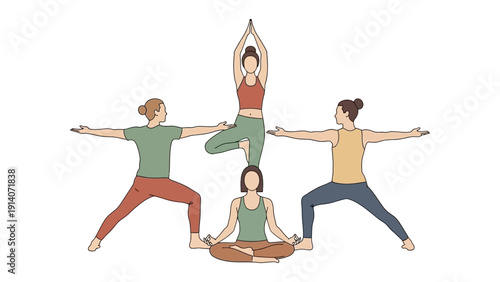five people forming a complex acroyoga pyramid demonstrating balance strength and unity with tree and warrior II poses.