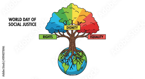 Illustration of a tree growing out of the globe with colorful branches labeled with social justice terms on World Day of Social Justice