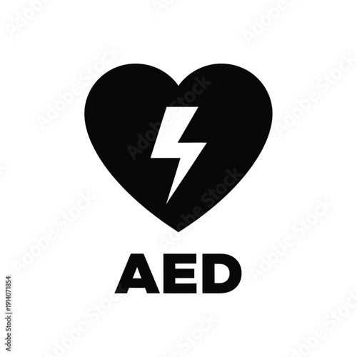 Vector illustration icon black heart with white lightning bolt and aed text