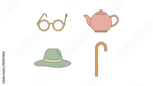 flat design illustration of vintage accessories glasses teapot hat cane symbolizing old age wisdom and retirement. great for senior content.