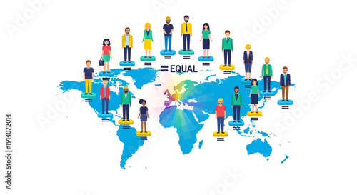 Illustration of diverse people standing on a world map highlighting equality on World Social Justice Day with a social justice infographic design.