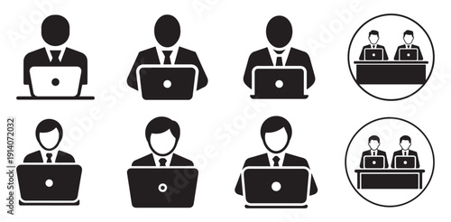 Business professional silhouettes with laptop frontal view icon set. vector illustration eps 10