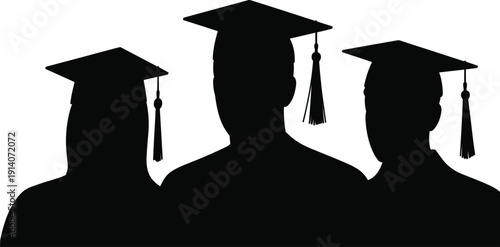 Silhouette of three graduates wearing caps and gowns with tassels on white background graduation