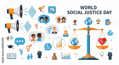 Infographic illustration for World Social Justice Day featuring diverse icons and symbols of equality and justice on a white background.