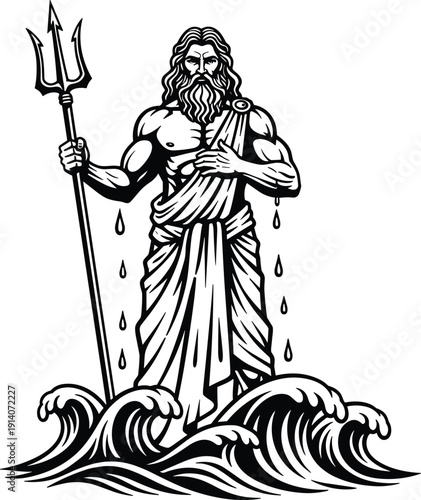 Black and white vector illustration of Greek god Poseidon holding a trident standing in ocean waves for mythological mascot logo or nautical tattoo design