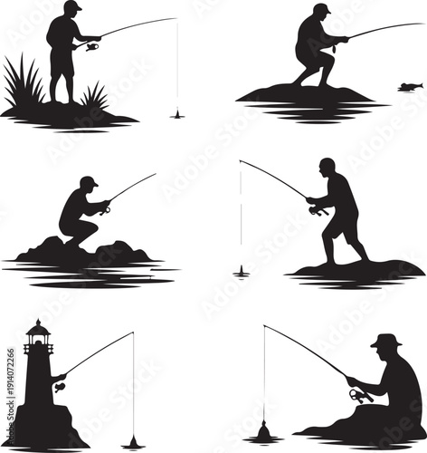 silhouette of people fishing in various poses on land and water  recreational activity
