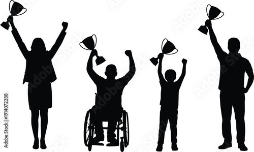 Silhouettes of Diverse People Celebrating with Trophies on White Background illustration untitled