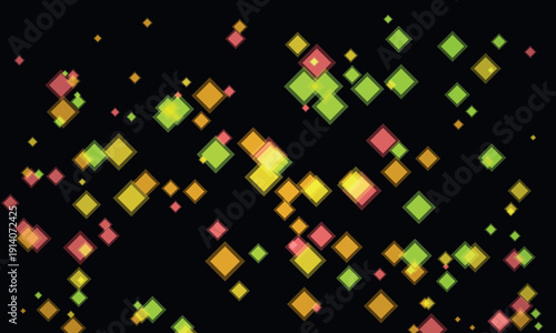 Vibrant abstract diamond shapes floating on a dark background, creating a festive and energetic mood.