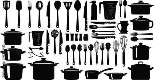 Black and white vector silhouette collection of kitchen utensils including pots, pans, knives, spatulas, and whisks isolated on white background for culinary design. (24 words)