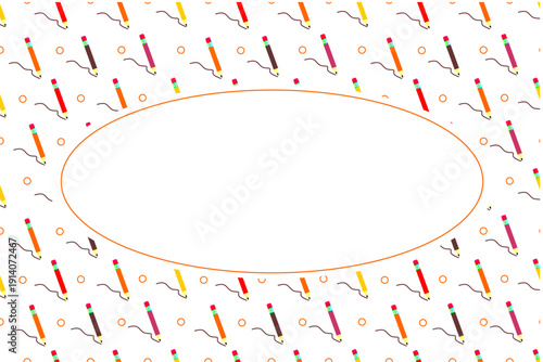 Pencil stationery seamless pattern frame. Colorful pencils with blank oval frame background. Colourful pencils with wavy line pattern frame vector. School attribute frame design.