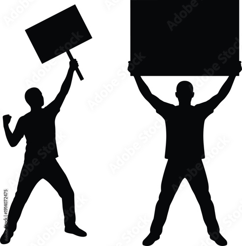 Protesters silhouette with blank placards and raised fists, activism demonstration concept isolated on white background, social justice movement illustration