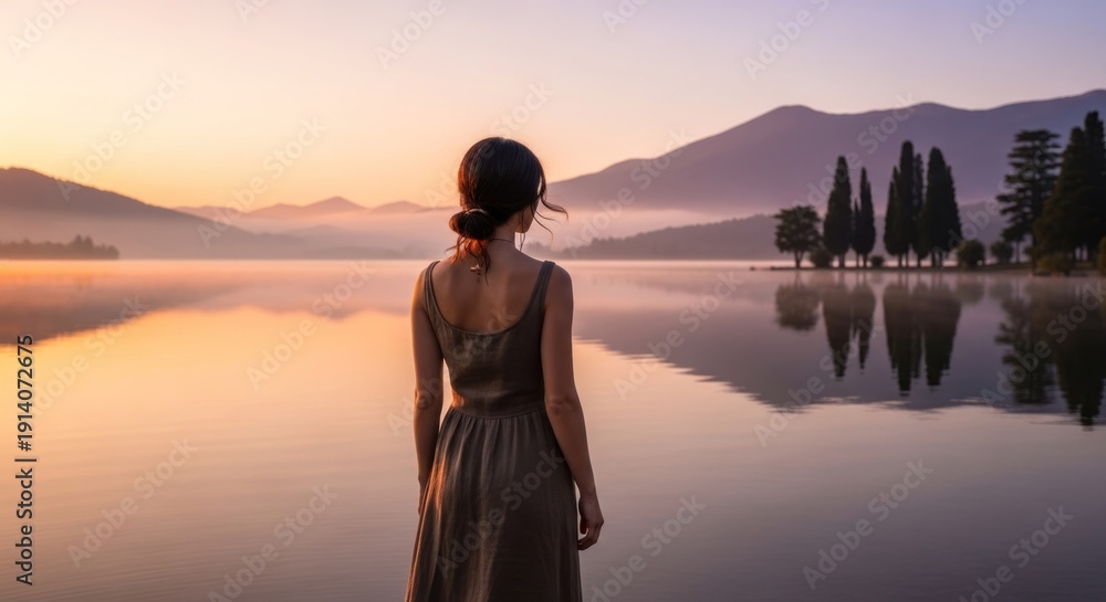 Fototapeta premium A woman standing on a lake at sunset, wearing a brown dress, with mountains in the background.