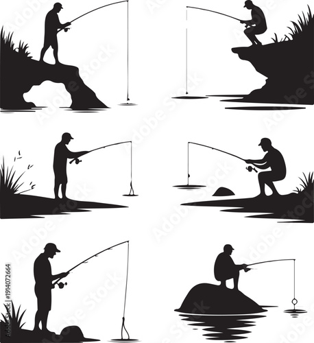 Silhouette of people fishing in various poses on riverbank or rock  recreational fishing