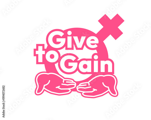 Give to Gain campaign sticker. International Women's Day 2026. Open palms inside gender symbol, cupped hands out front giving gesture showing generosity, collaboration and support for all women