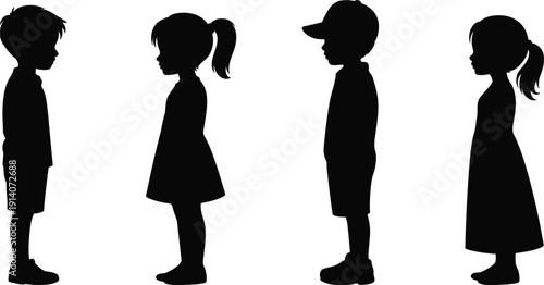 Silhouettes of Four Children Standing in Profile on White Background illustration untitled
