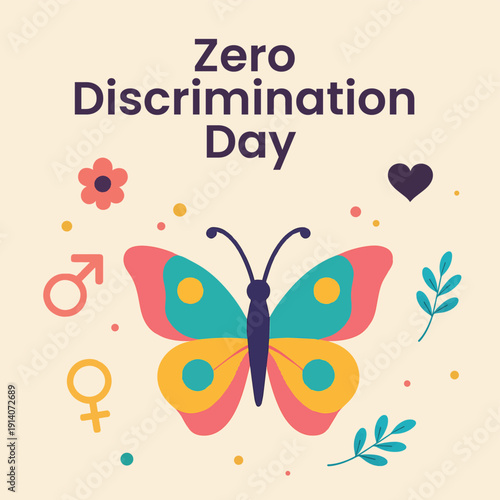 Zero Discrimination Day vector illustration with a vibrant butterfly, gender symbols, and floral elements on a light cream background, promoting equality and inclusion.