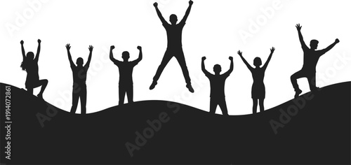Silhouettes of people celebrating on a hilly landscape illustration untitled