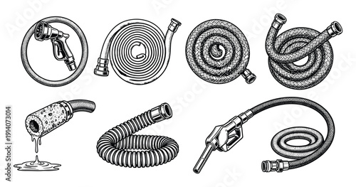 Collection of various vector hoses including garden, fire, and gas pump nozzles