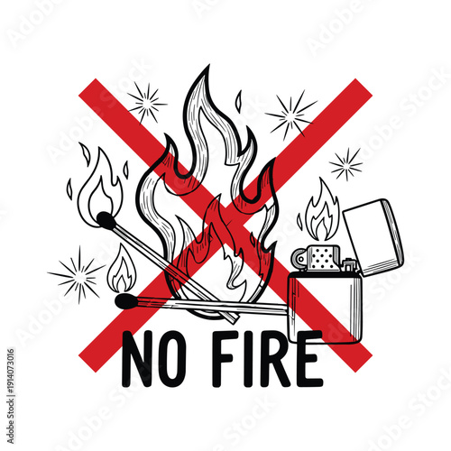 No fire vector sign with crossed out matches and lighter in flat style