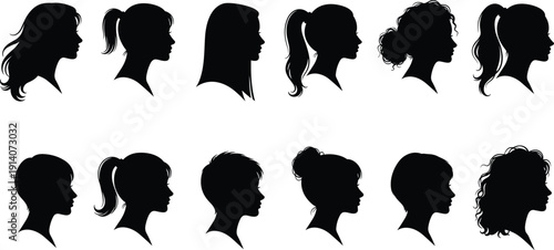 Black female profile silhouettes with diverse hairstyles, ponytails, buns, curly hair, short cuts, fashion beauty concept, hairstyle design illustration