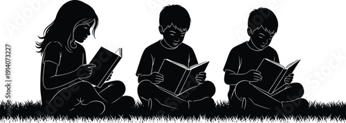 Black silhouette of a group of children sitting on grass and reading books for summer education library programs and childhood literacy concept on white background