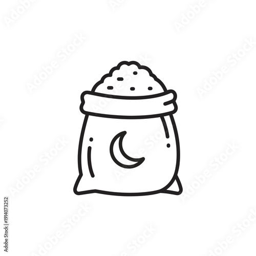 Zakat Al-Fitr Icon, Rice Sack with Crescent Moon for Ramadan Charity Concept, Linear Vector Illustration