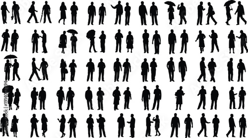 Black silhouettes of diverse people pairs, walking, standing, holding umbrellas, everyday interaction, human movement, urban lifestyle, communication, gesture illustration