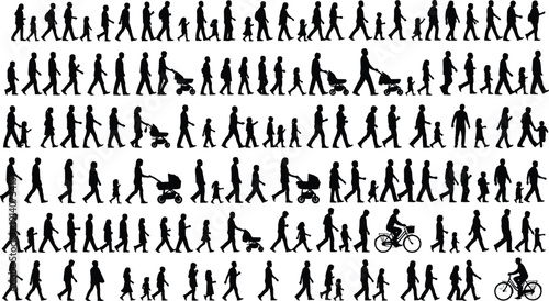 Black silhouettes of diverse people walking, families with children, strollers, bicycles, everyday movement, urban lifestyle, community interaction, pedestrian illustration