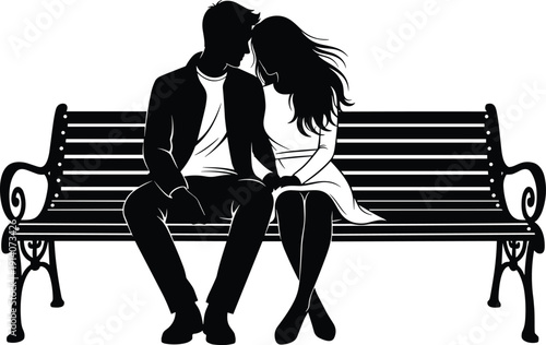 Black silhouette of a romantic young couple sitting closely on a park bench holding hands for Valentines Day wedding anniversary or relationship concept design
