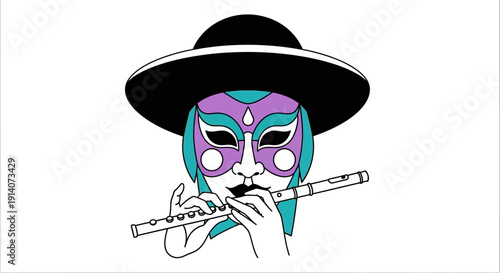 Mysterious Musician Playing Flute with Mask and Hat.