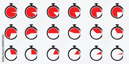 Stopwatch Countdown Timer Set – Red Progress Pie Chart Icons Collection in Grunge Style