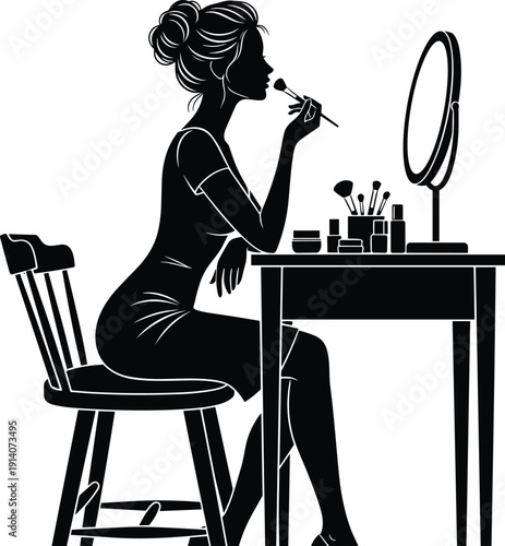Black silhouette of a young woman sitting at a vanity table applying makeup with a brush while looking into a mirror for beauty design