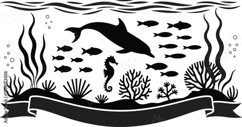 Underwater Scene Silhouette with Dolphin, Fish, Seahorse, and Coral on White Background illustration