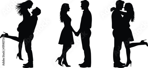 Black silhouette of romantic young couples in various poses including hugging holding hands and lifting for Valentines Day wedding and relationship concept design