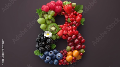 Creative composition of assorted fresh berries and fruits arranged in the shape of number eight on a dark background for International Women's Day or healthy nutrition concept