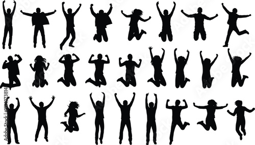 Black silhouettes of people jumping, energetic poses, celebration movement, diverse body language, excitement concept, human motion illustration, dynamic lifestyle design