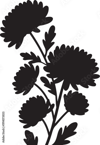 Black Silhouette of Flowering Plant with Leaves
