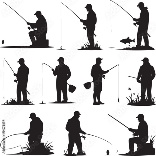 Silhouette of people fishing in various poses with rods