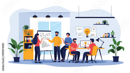 Team of creative business professionals collaborate on a new project using a whiteboard and a computer in a bright and modern office workspace.