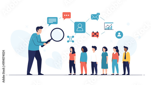 Human resources manager uses a magnifying glass to evaluate a line of diverse job candidates with connected digital skills icons floating above.