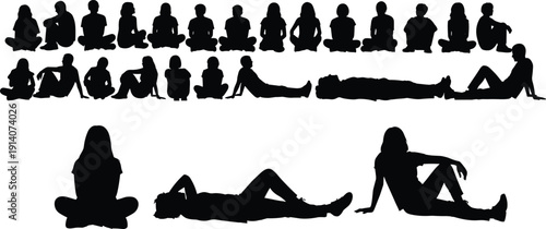 Black silhouettes of people seated and reclining, diverse postures, relaxed lifestyle, human body language, gesture concept, design illustration, everyday activity