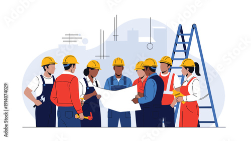 Group of construction workers and engineers in yellow hard hats discuss blueprints and project plans at a building site with a tall ladder.