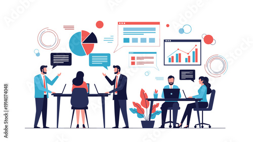 Team of business people work in a modern office with floating data charts, financial graphs, and digital technology icons in the background.