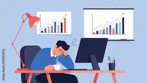 Tired and overwhelmed office worker rests his head on his hand while sitting at a desk with coffee and rising financial charts on the walls.